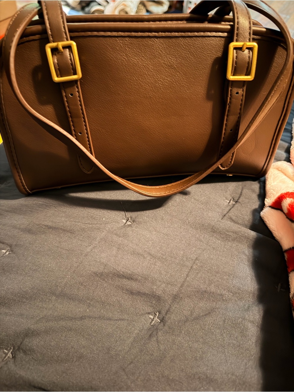 Madison West Brown Leather Shoulder Bag with Gold Buckles